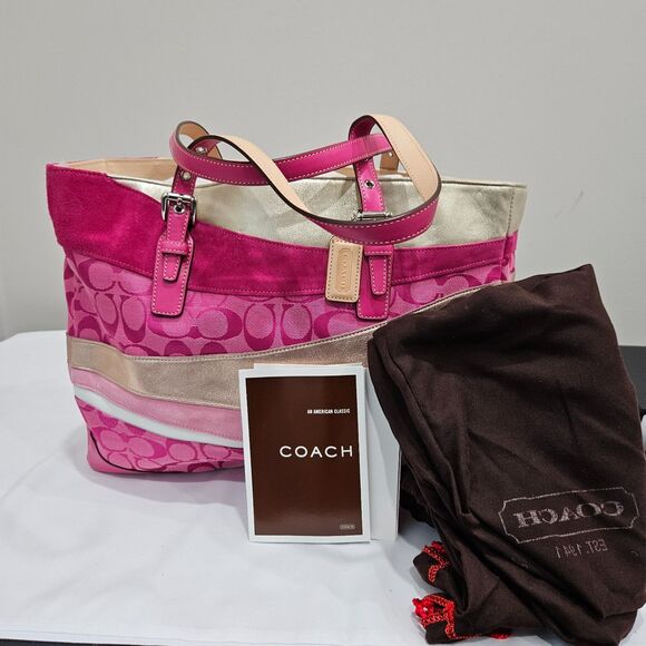 NEW Coach Ltd Ed Pink Wave Multicolor Suede Lg Gallery Tote  Vintage Coach Ltd Ed Signature Pink Wave Gallery Tote Bag Suede 1441 Multicolor
